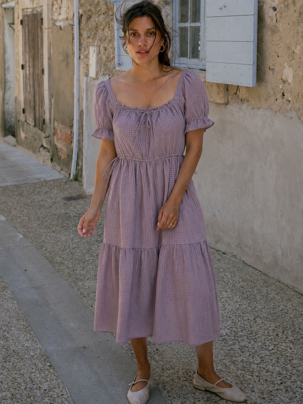 Madewell Square-Neck Tiered Midi Dress In Textured Seersucker Purple Gingham S